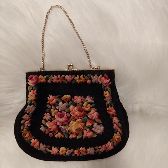 VTG Needlepoint Handbags - VTG Black Needlepoint Small Bag